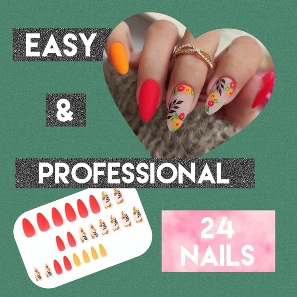 Acrylic Medium Almond Tip Floral Leaf Bright Orange Manicure Nails Professional - Picture 2 of 7